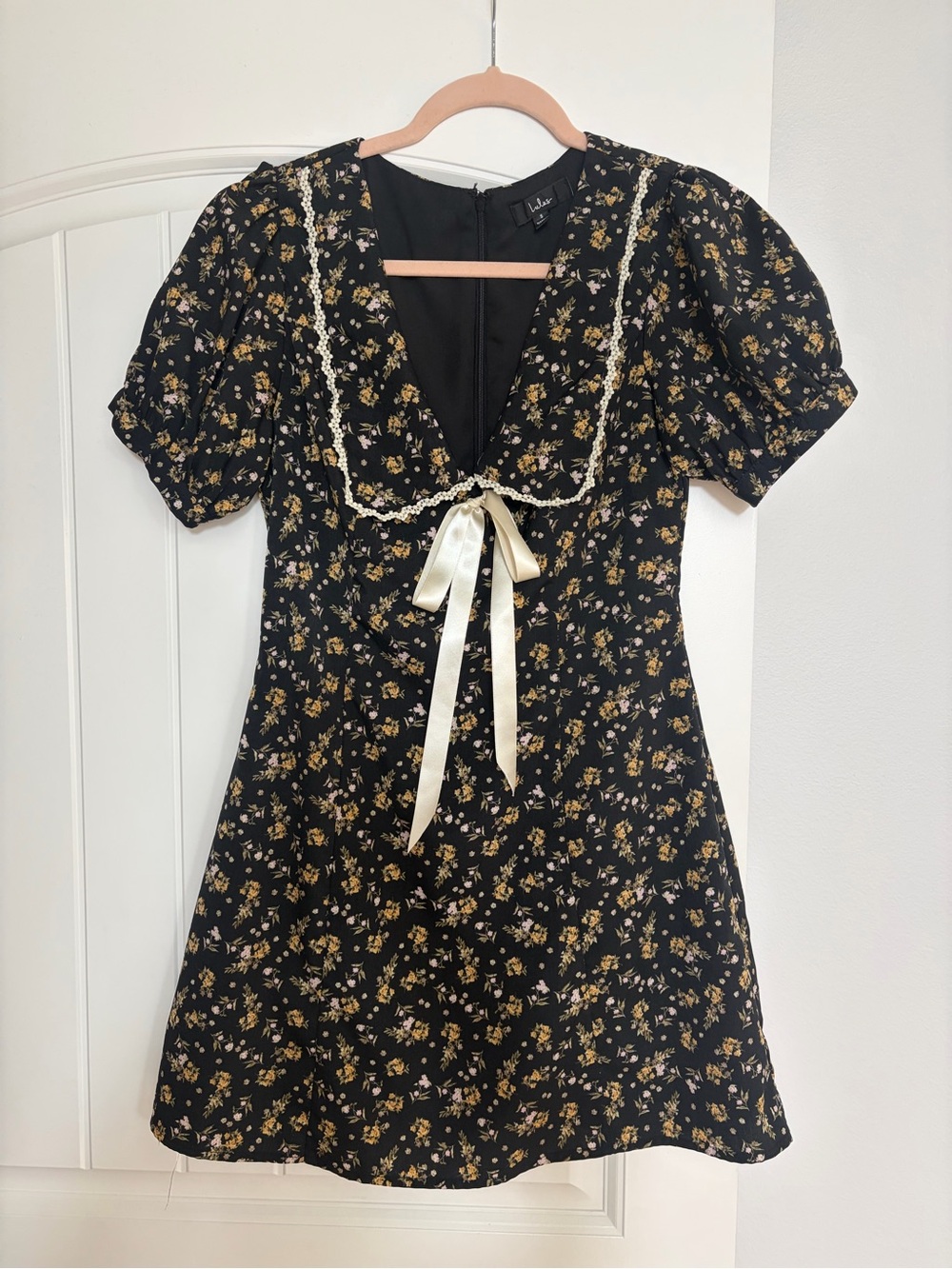 Lulu's Black Mini Dress with Yellow Floral Print and Satin Bow